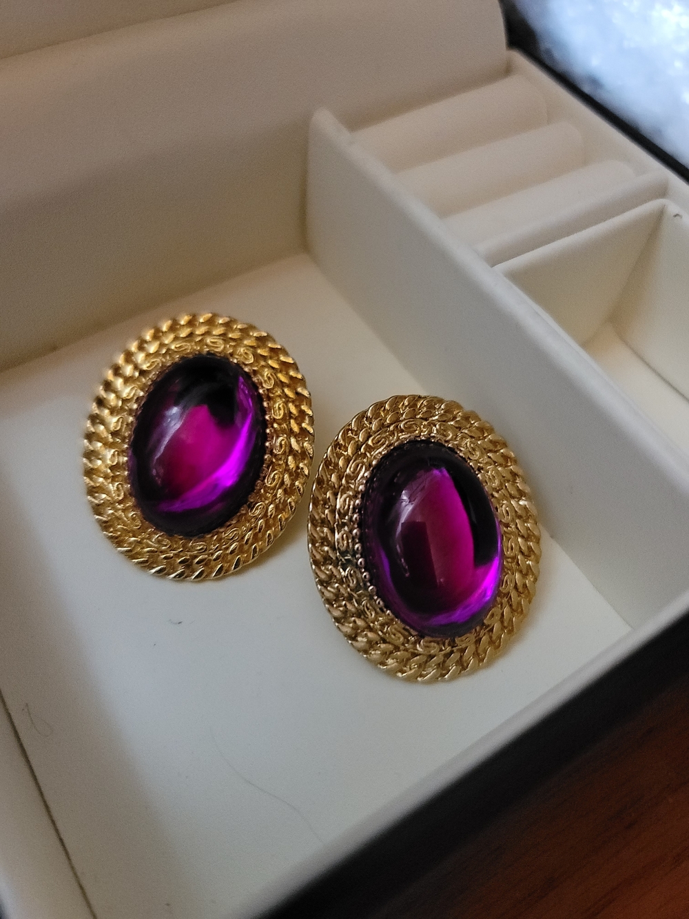 Vintage Gold-Tone Earrings with Purple Cabochons